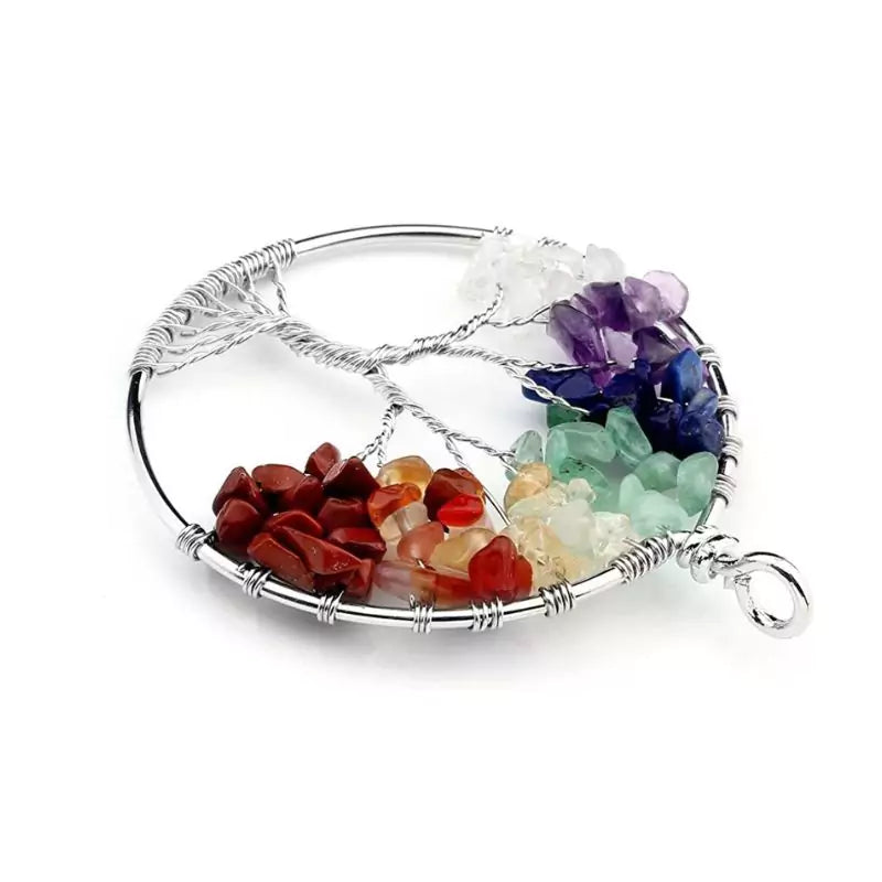 collier Pierres 7 chakras " Tree of Life" en cuivre et zinc, cadeau de lithothérapie femme 