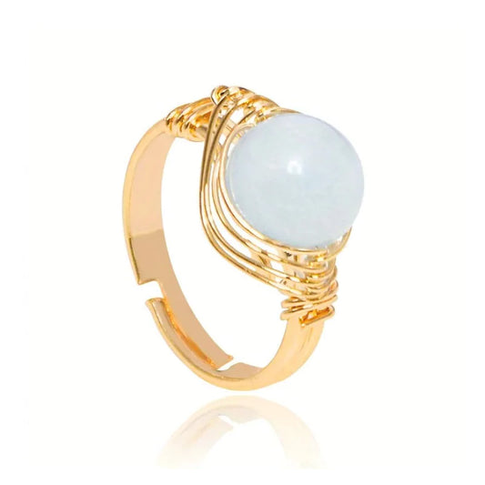bague perle aigue-marine fil doré, cadeau lithothérapie femme ou homme
