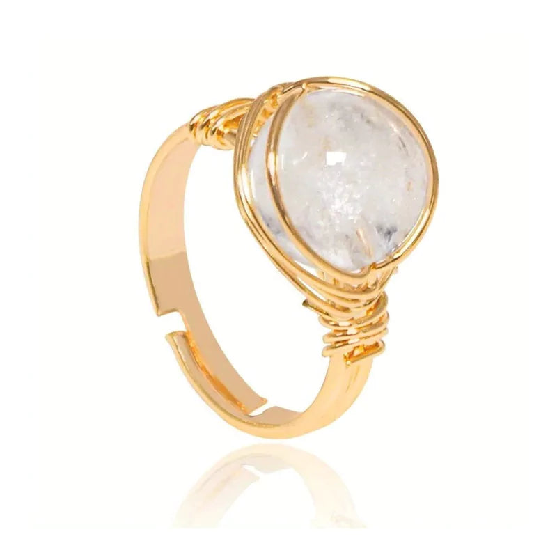 bague perle cristal de roche fil doré, cadeau lithothérapie femme ou homme