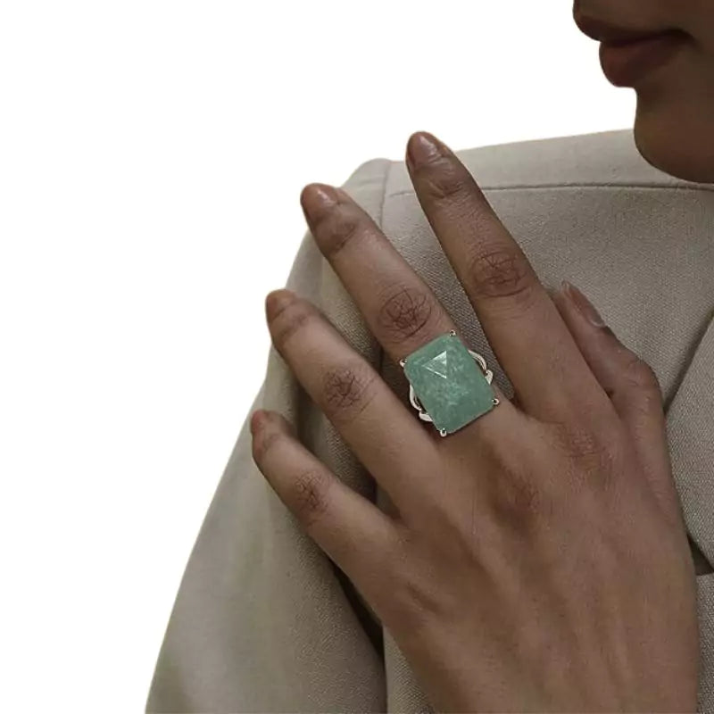 Bague Pierre amazonite "Rectangle", cadeau de lithothérapie femme, homme et ados