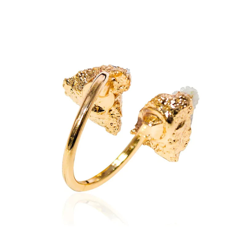 bague pierres brutes de cristal de roche et cuivre doré ajustable, cadeau de lithothérapie