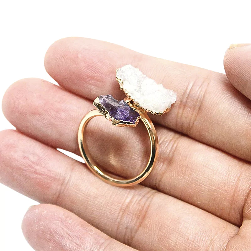 bague pierres cristal de roche, améthyste et cuivre doré ajustable, cadeau de lithothérapie pour homme  ou femme