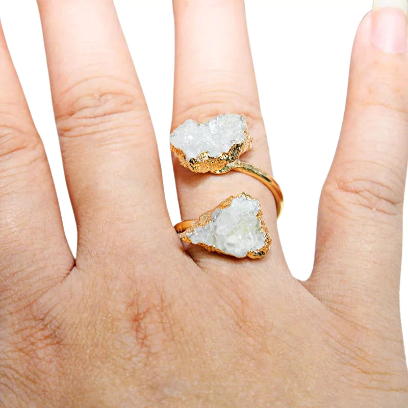 bague pierres cristal de roche et cuivre doré ajustable, cadeau de lithothérapie pour homme, femme et ados