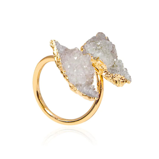 bague pierres cristal de roche et cuivre doré ajustable, cadeau de lithothérapie