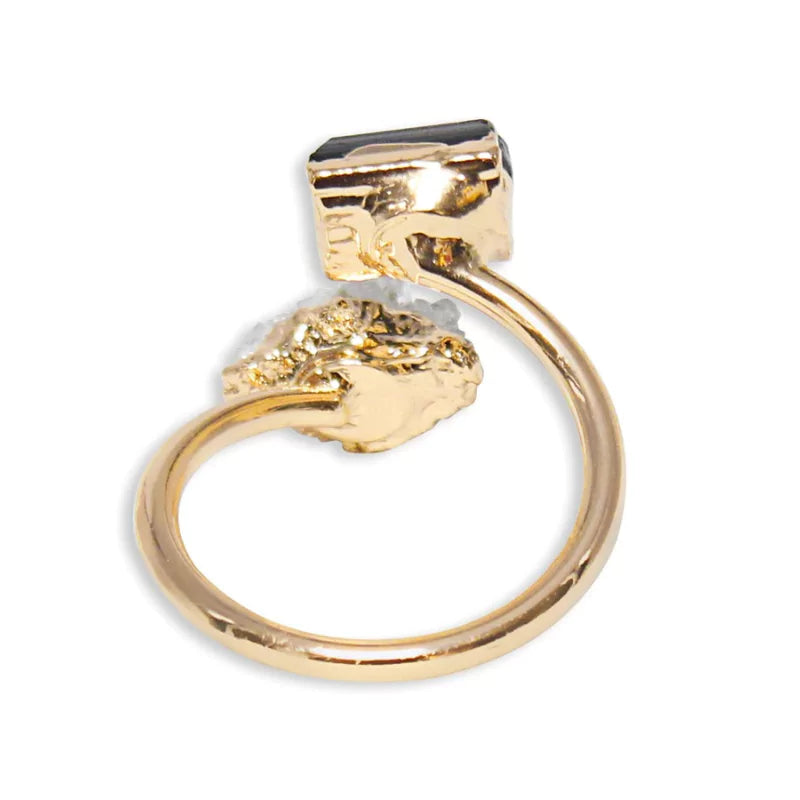 bague pierres cristal de roche, tourmaline et cuivre ajustable, cadeau de lithothérapie