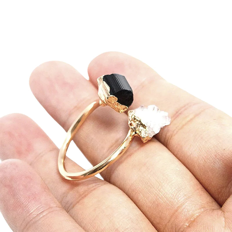 bague pierres cristal de roche, tourmaline et cuivre doré ajustable, cadeau de lithothérapie pour homme ou femme