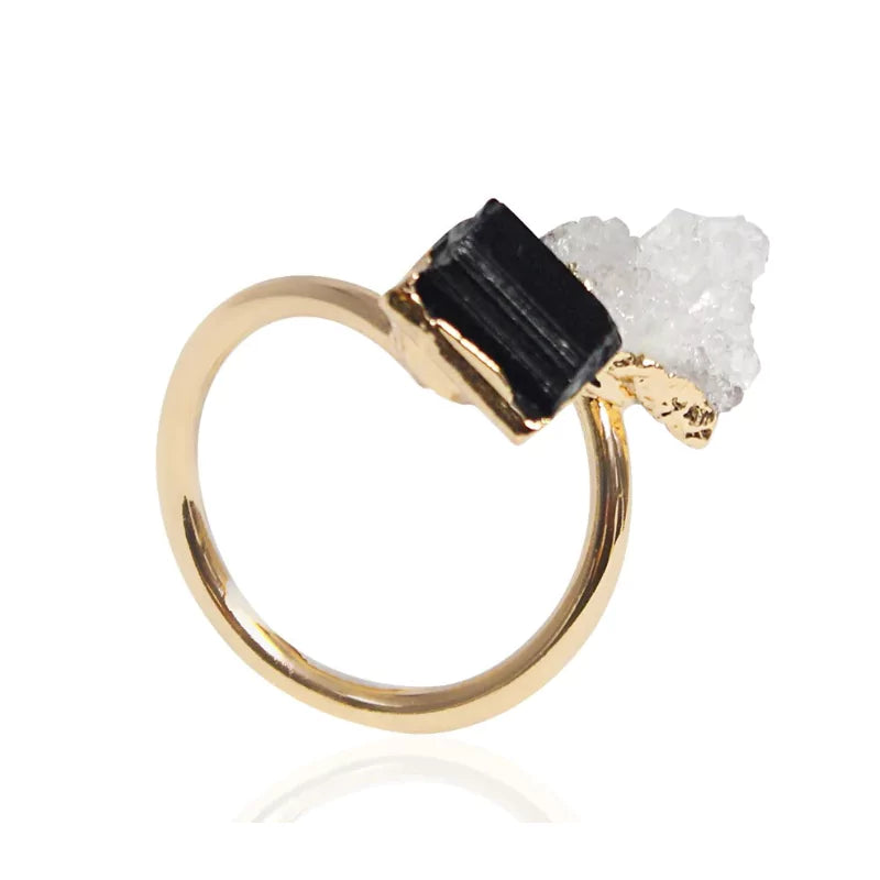 bague pierres cristal de roche, tourmaline et cuivre doré ajustable, cadeau de lithothérapie