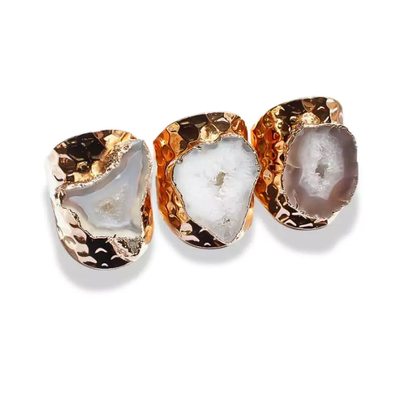 Bagues Cristal Agate Blanche "Essence" plaquées or, cadeau homme et femme