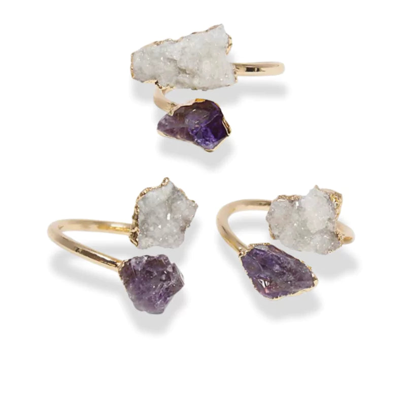 bagues pierres cristal de roche, améthyste et cuivre doré ajustable, cadeau de lithothérapie