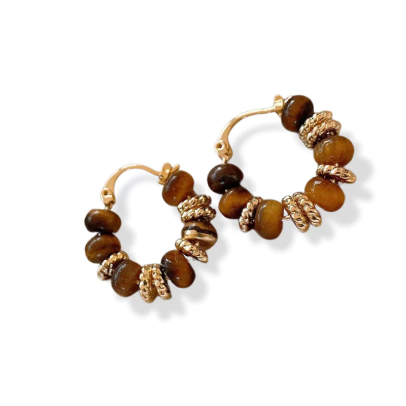 boucles d’oreilles Œil de Tigre Perles rondes, cadeau lithothérapie femme et ados