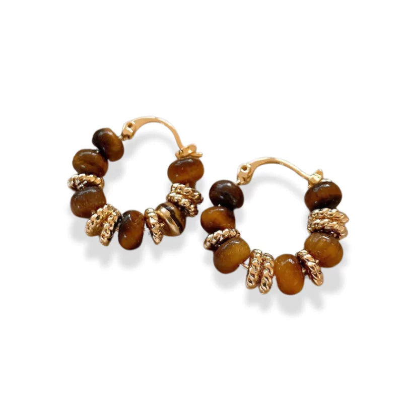 boucles d’oreilles Œil de Tigre Perles rondes, cadeau lithothérapie femme 