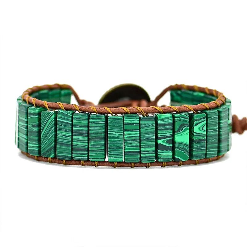 bracelet "Bohème" Malachite et cuir, cadeau de lithothérapie homme femme et ados