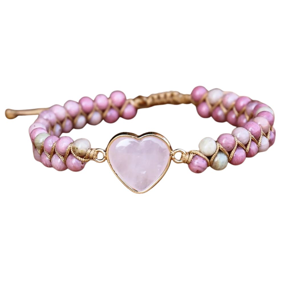 Bracelet Cœur de rhodonite e tressé ajustable, cadeau femme pour fêtes