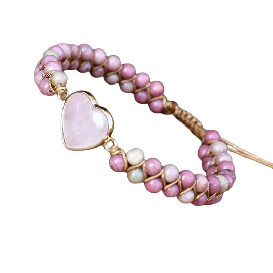 Bracelet Cœur de rhodonite e tressé ajustable, cadeau femme