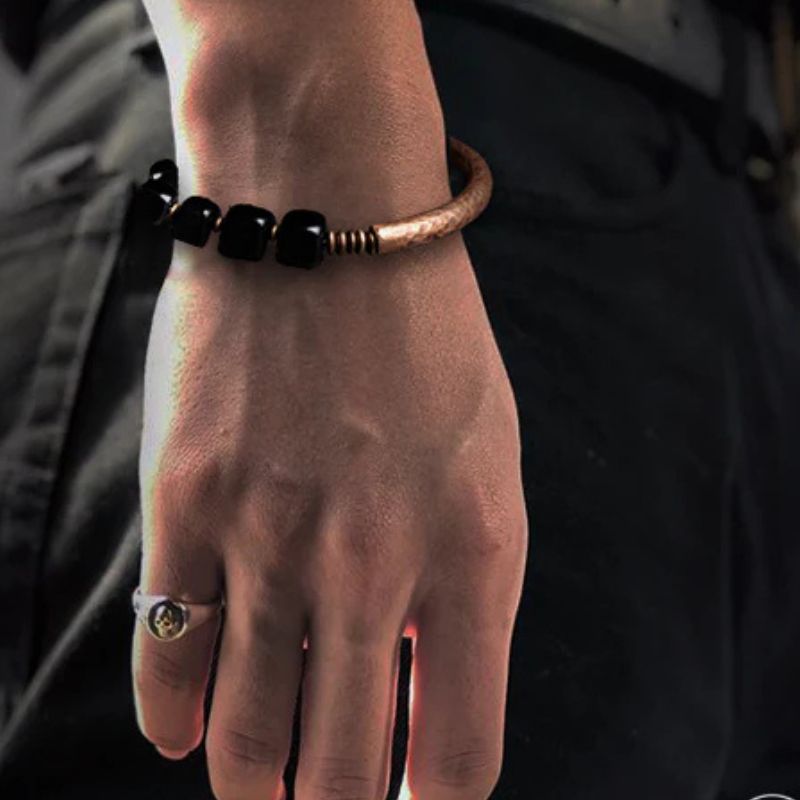 bracelet Cubes Obsidienne et Cuivre, cadeau lithothérapie homme, femme ou ados pour fêtes 