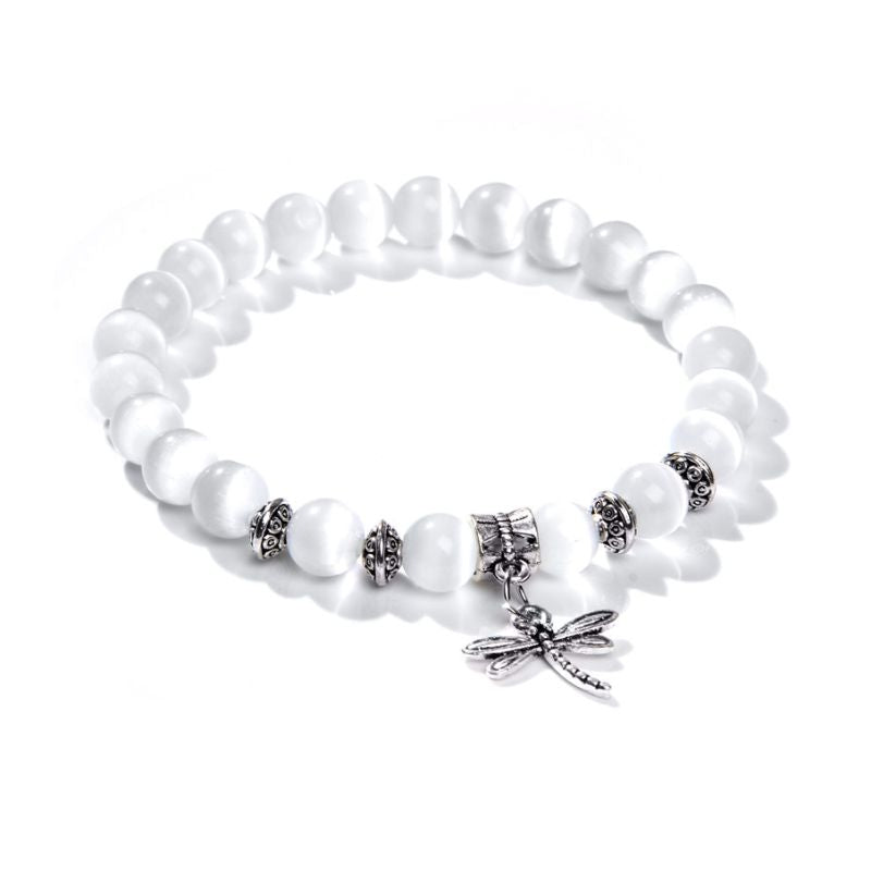 Bracelet "Libellule" Perles de Sélénite et alliage, cadeau homme, femme et ados 
