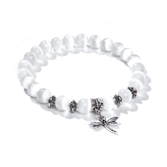 Bracelet "Libellule" Perles de Sélénite et alliage, cadeau homme, femme et ados 