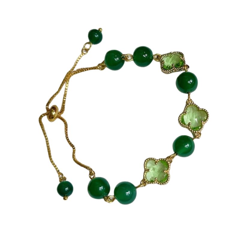 bracelet Perles de Chrysoprase 4 Trèfles laiton, cadeau femme 