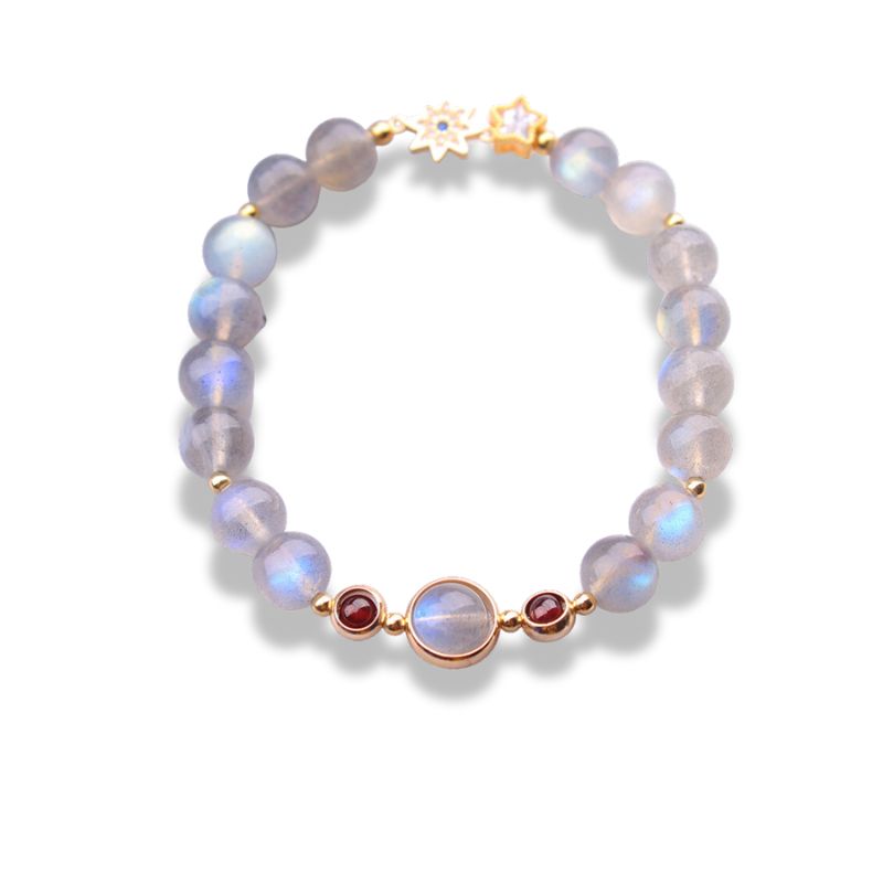 bracelet Pierre de lune 8 mm et Étoiles, cadeau femme