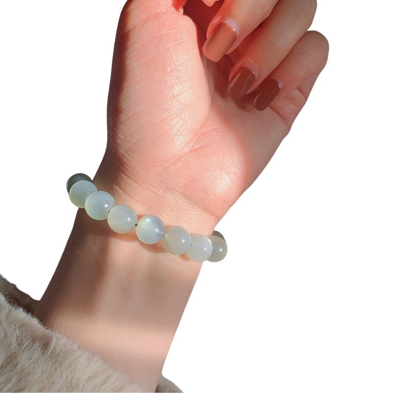 bracelet Pierre de Lune Blanche Boules 10 mm, cadeau homme, femme et ados