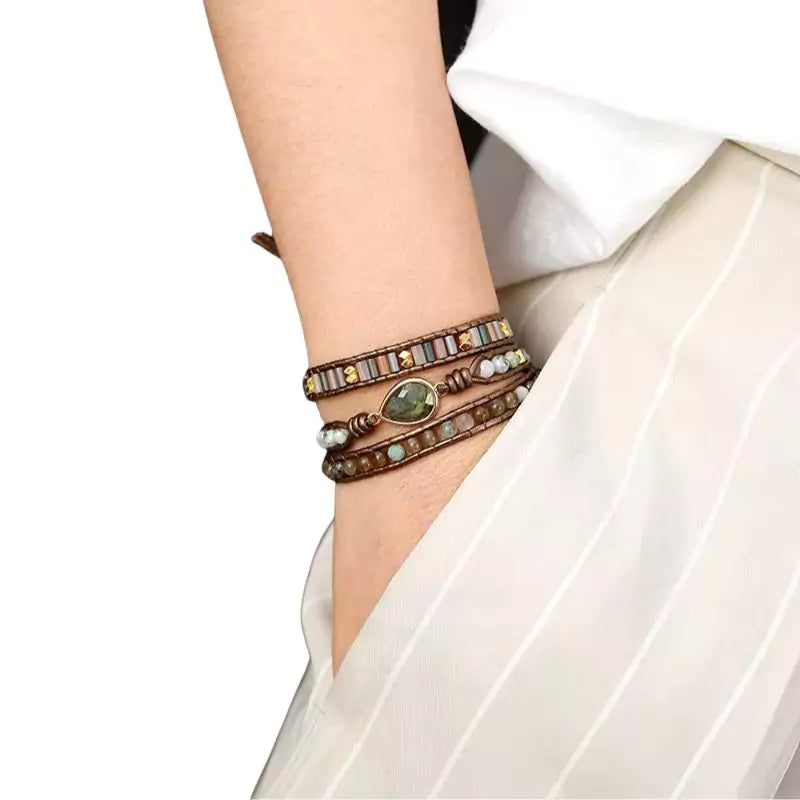 bracelet pierres labradorite "nomade" cuivre et cordes, cadeau de lithothérapie pour homme, femme et ados