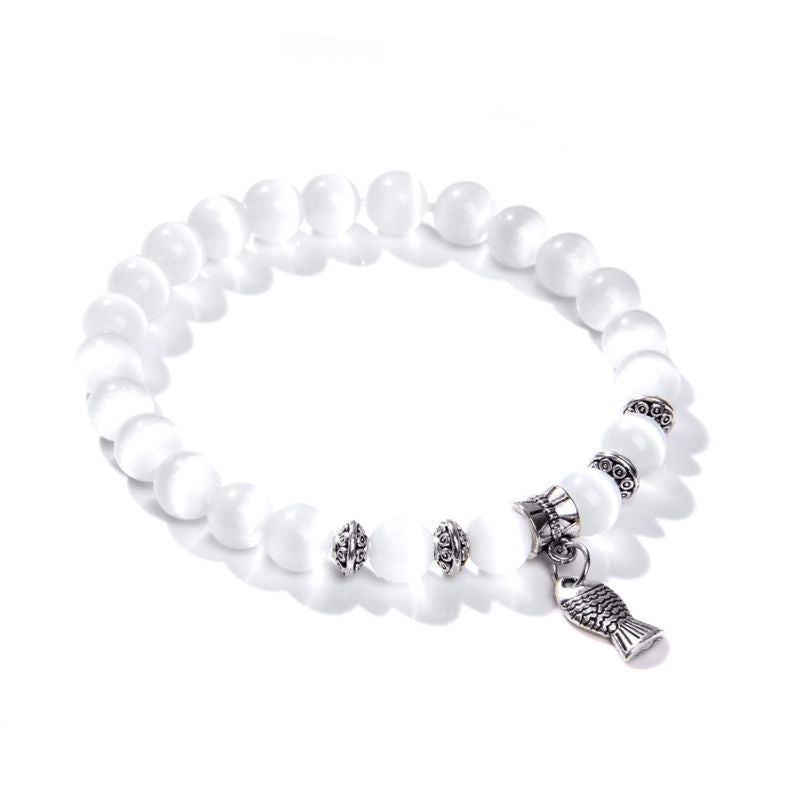 Bracelet "Poisson" Perles de Sélénite et alliage, cadeau homme femme et ados
