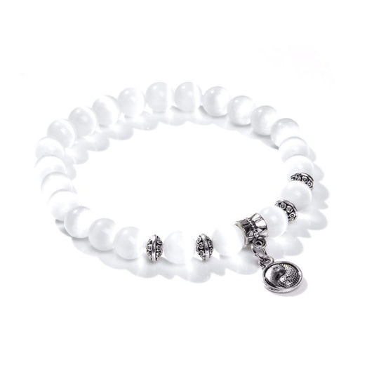 Bracelet "Yin Yang" Perles de Sélénite et alliage, cadeau homme femme et ados