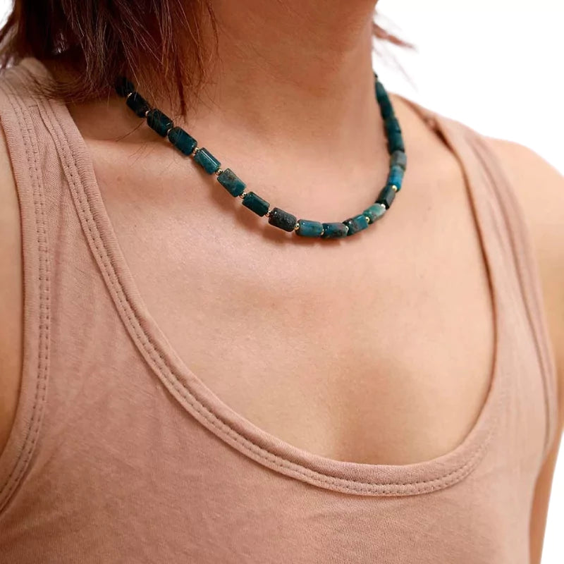 collier "Cylindre" Pierres Apatite, cadeau lithothérapie homme, femme et adolescent