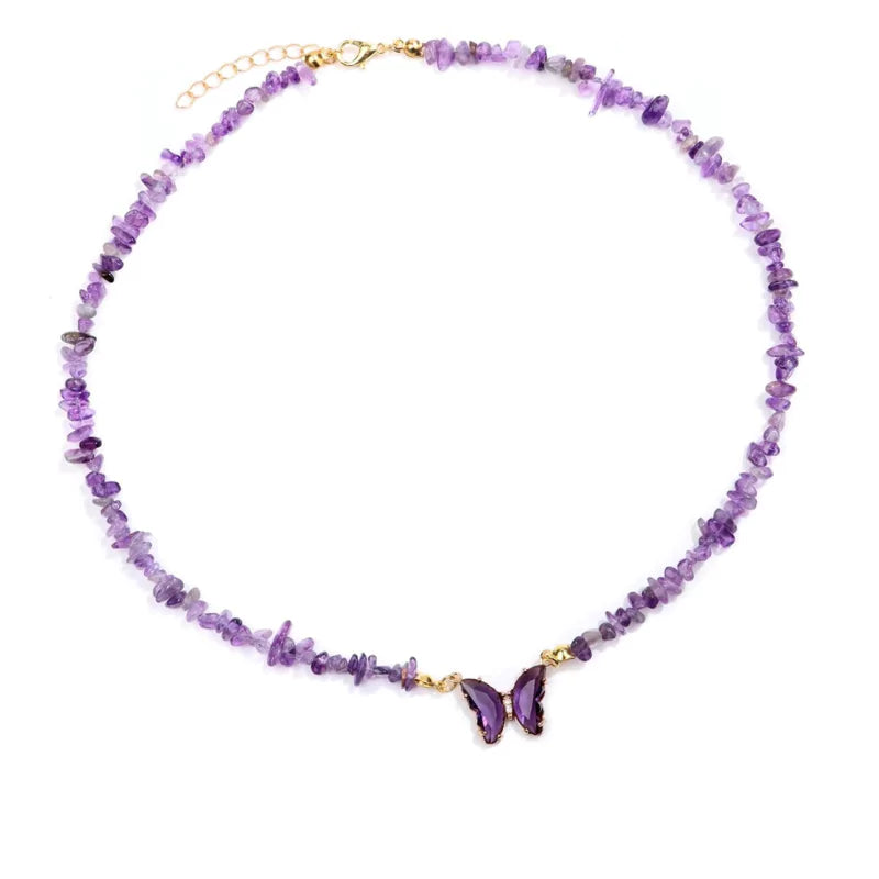 collier Pierre améthyste et papillon "butterfly", cadeau de lithothérapie pour femme