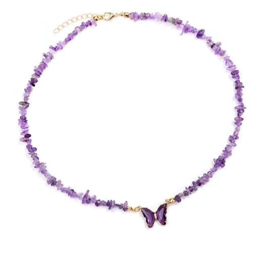 collier Pierre améthyste et papillon "butterfly", cadeau de lithothérapie pour femme