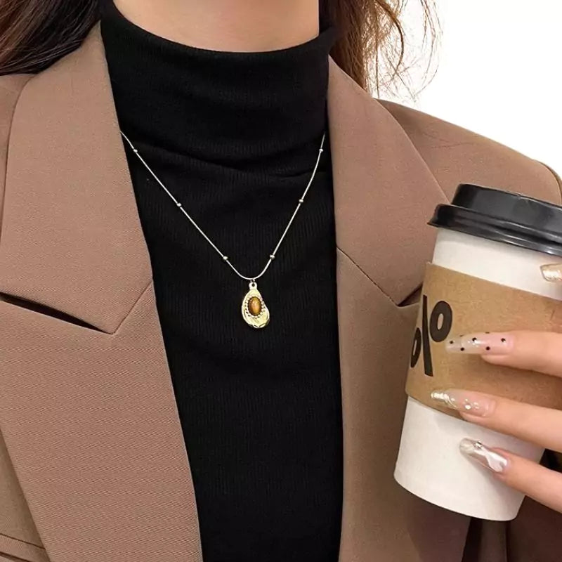 Collier pierre oeil de tigre "Ovale" en acier, cadeau de lithothérapie femme et ados