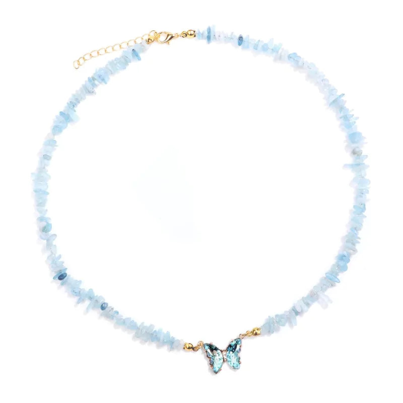 collier Pierres aigue-marine et papillon "butterfly", cadeau de lithothérapie pour femme