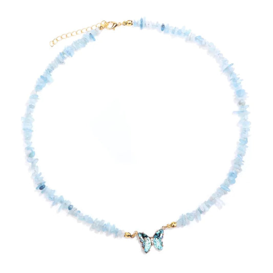 collier Pierres aigue-marine et papillon "butterfly", cadeau de lithothérapie pour femme