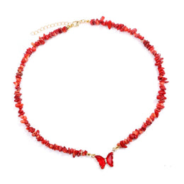 collier Pierres corail rouge et papillon "butterfly", cadeau de lithothérapie pour femme 