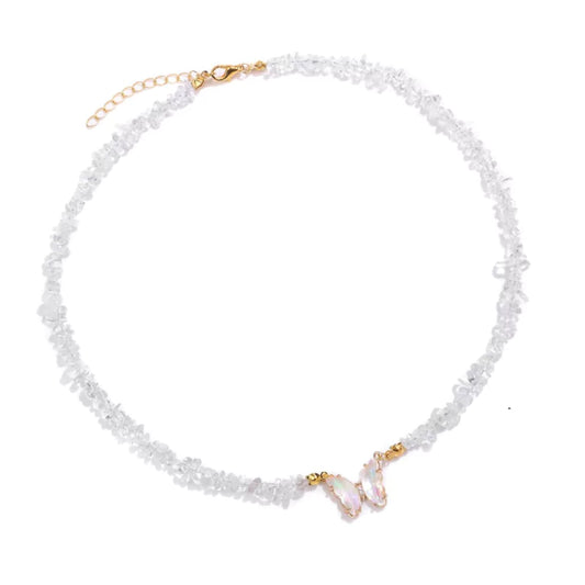 collier Pierres cristal de roche et papillon "butterfly", cadeau de lithothérapie pour femme 