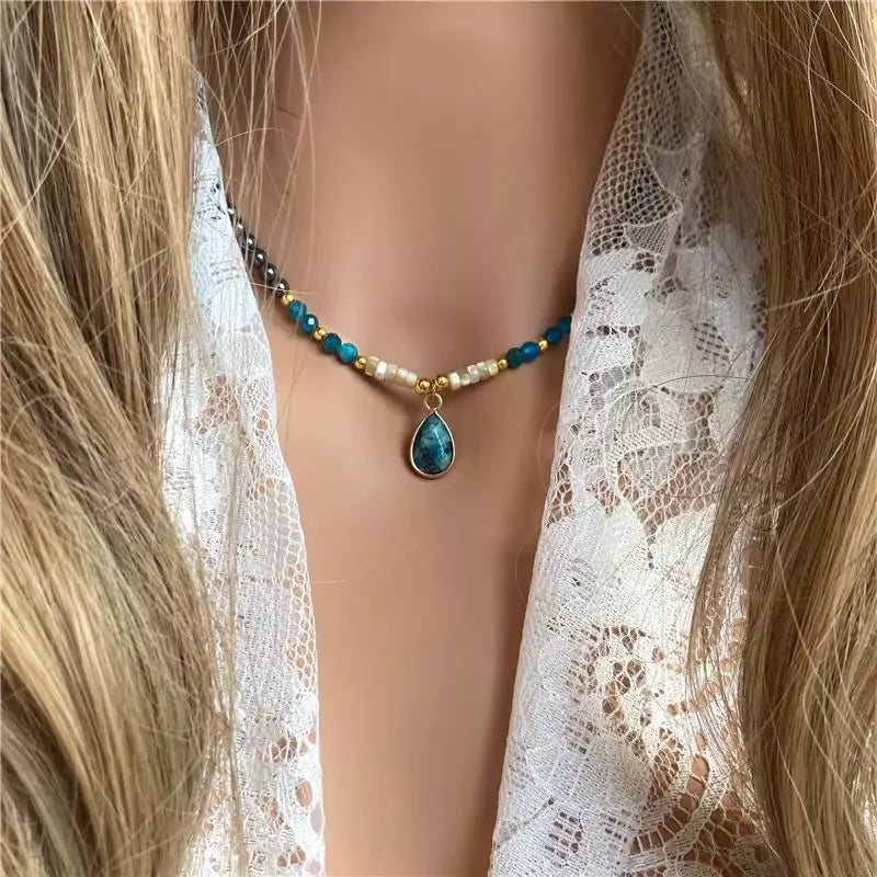 collier pierres Hématite et apatite "duetto", cadeau lithothérapie femme et ados
