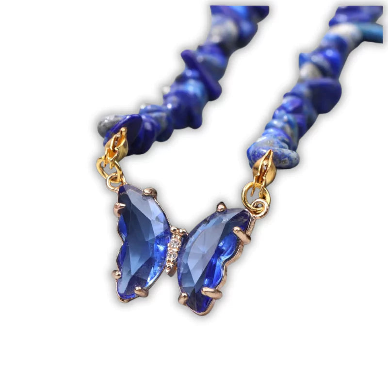collier Pierres lapis-lazuli et papillon "butterfly", cadeau de lithothérapie pour femme et ados