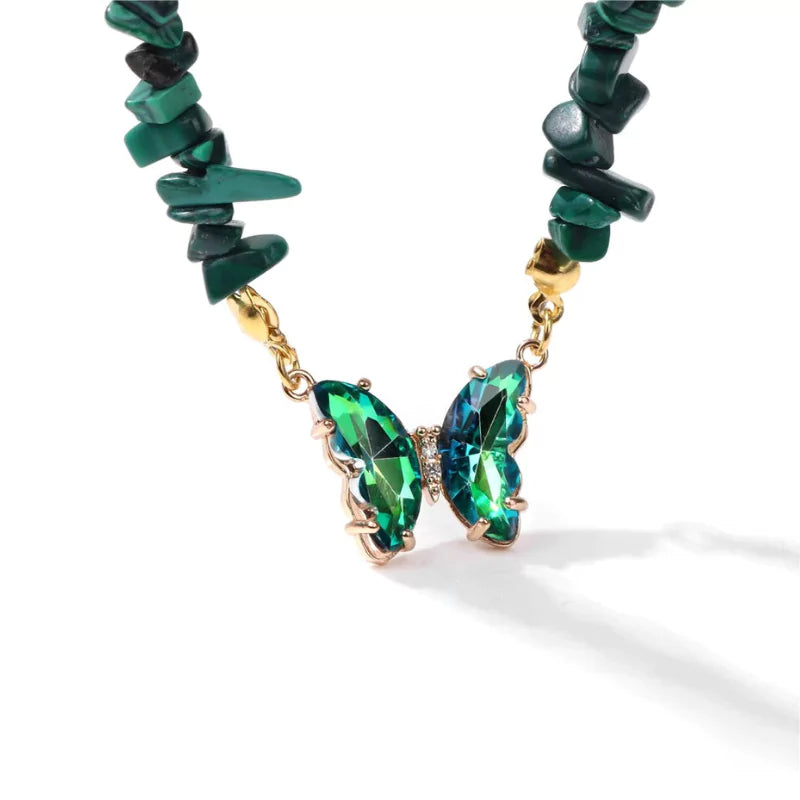 collier Pierres malachite et papillon "butterfly", cadeau de lithothérapie pour femme 