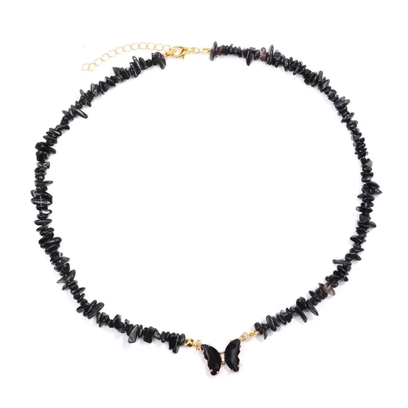 collier Pierres obsidienne et papillon "butterfly", cadeau de lithothérapie pour femme