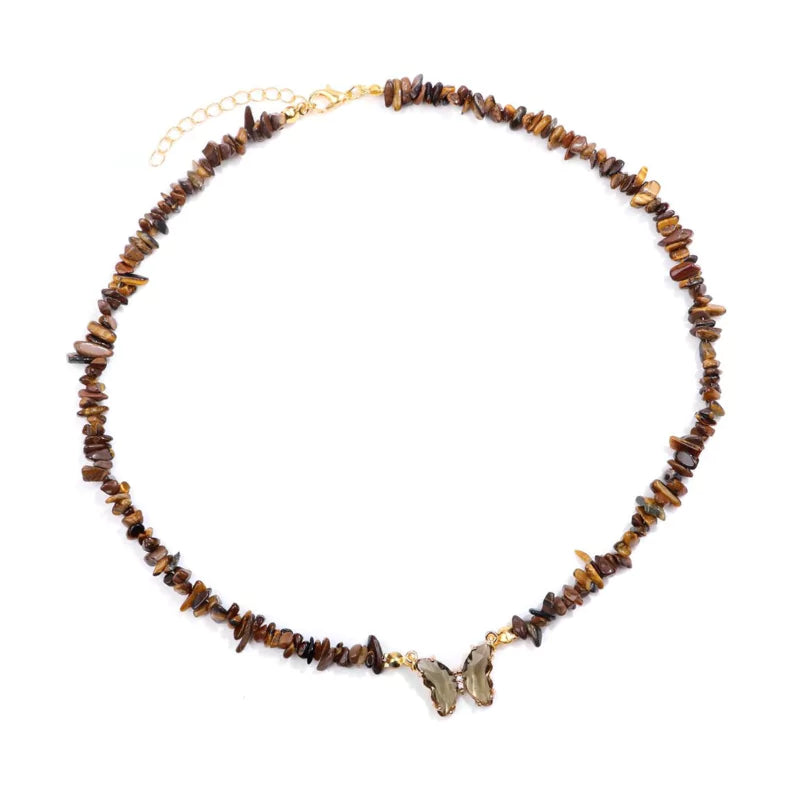 collier Pierres oeil de tigre et papillon "butterfly", cadeau de lithothérapie pour femme 
