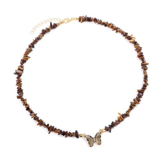 collier Pierres oeil de tigre et papillon "butterfly", cadeau de lithothérapie pour femme 