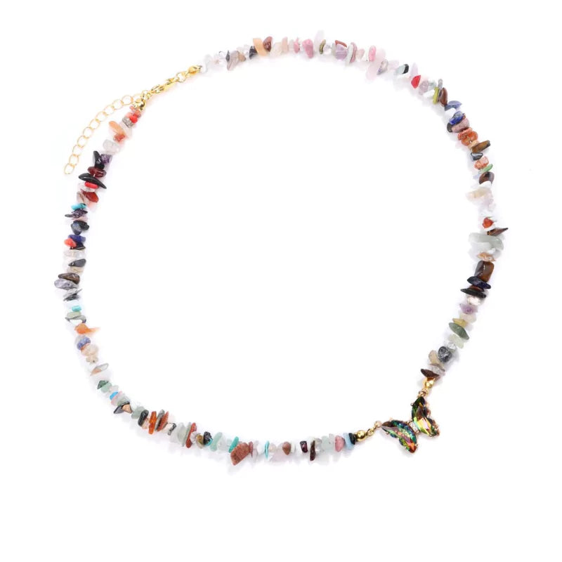 collier Pierres quartz multicolore et papillon "butterfly", cadeau de lithothérapie pour femme 