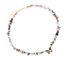 collier Pierres quartz multicolore et papillon "butterfly", cadeau de lithothérapie pour femme 
