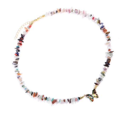 collier Pierres quartz multicolore et papillon "butterfly", cadeau de lithothérapie pour femme 
