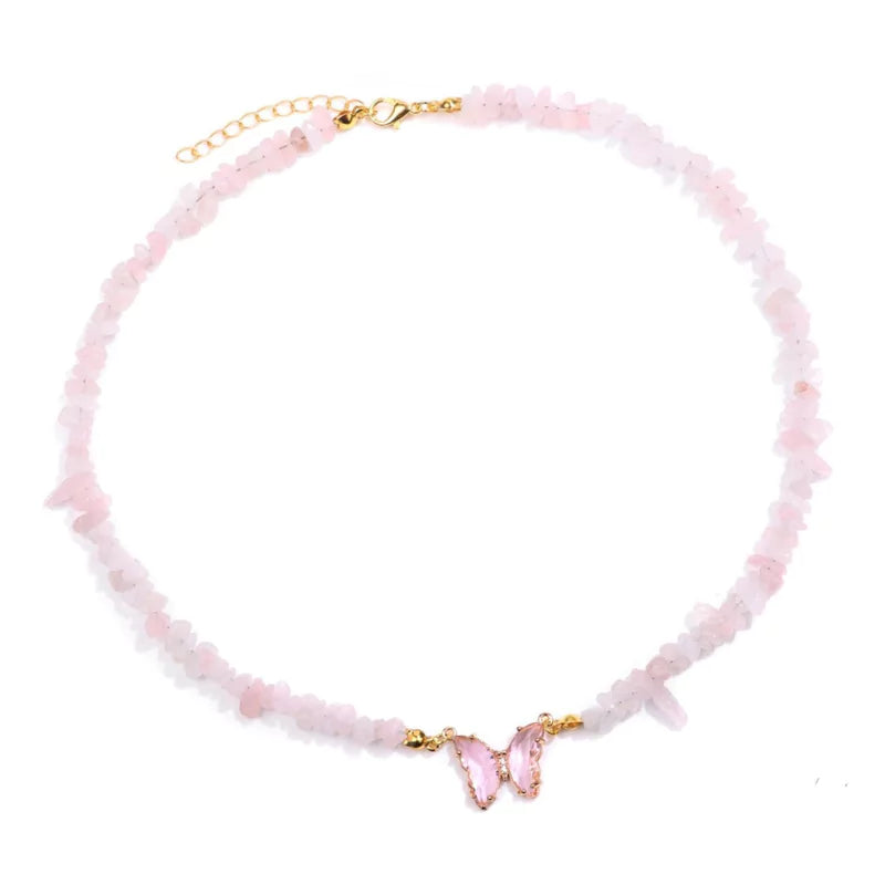 collier Pierres quartz rose et papillon "butterfly", cadeau de lithothérapie pour femme 
