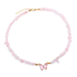 collier Pierres quartz rose et papillon "butterfly", cadeau de lithothérapie pour femme 
