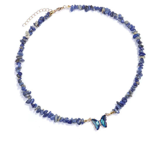 collier Pierres sodalite et papillon "butterfly", cadeau de lithothérapie pour femme 