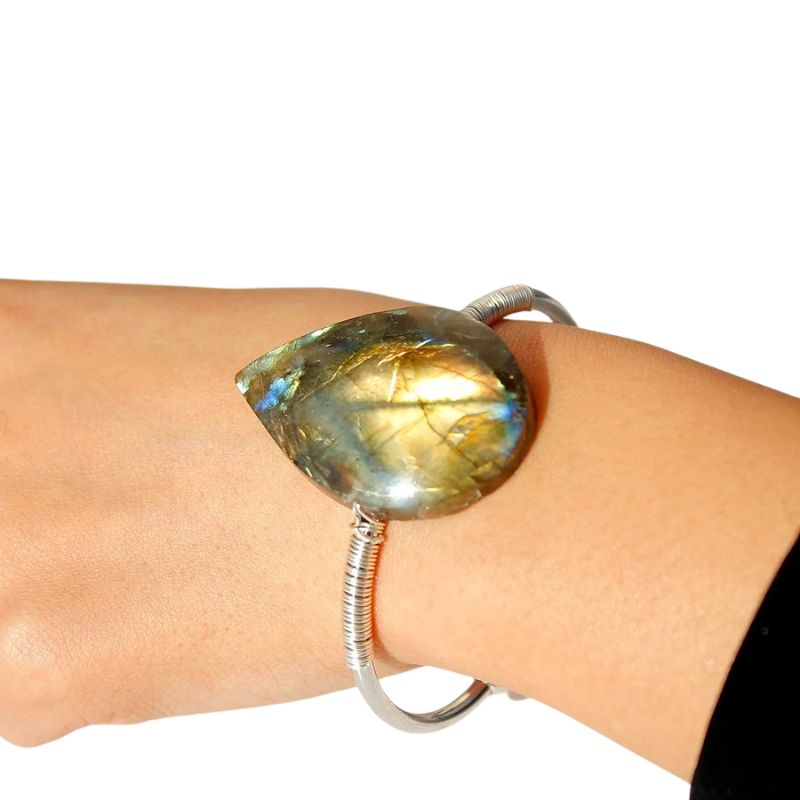 Jonc Labradorite Goutte d'eau Tressé argent, cadeau femme