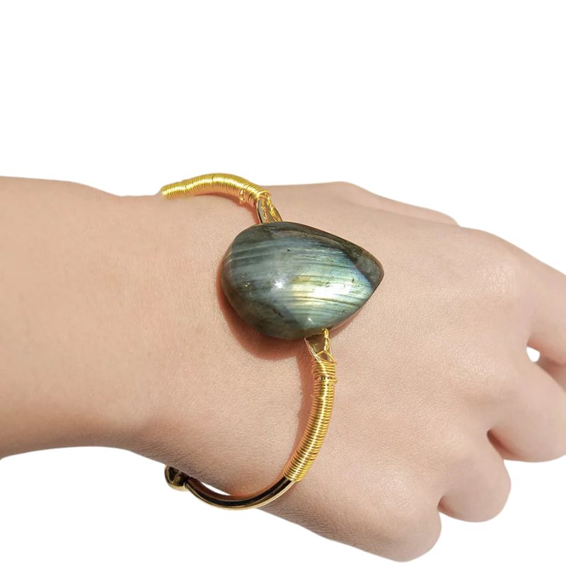 Jonc bracelet Labradorite Goutte d'eau Tressé or, cadeau femme